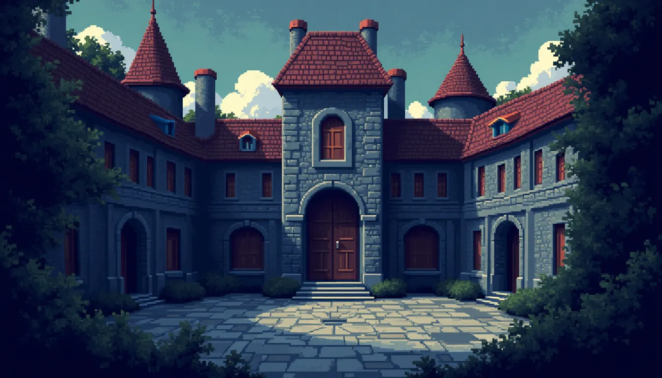 Illustration pixel art d'un manoir de nuit