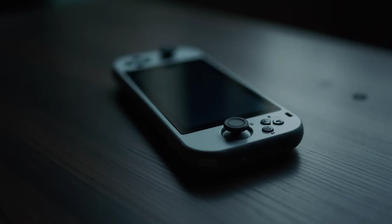 Console portable grise posée sur une table en bois