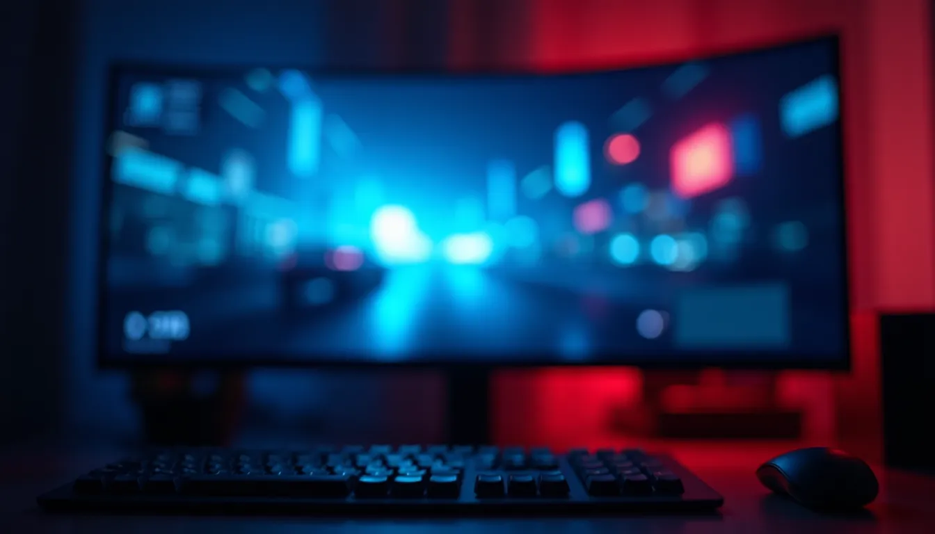 Écran de jeu incurvé allumé dans une pièce sombre