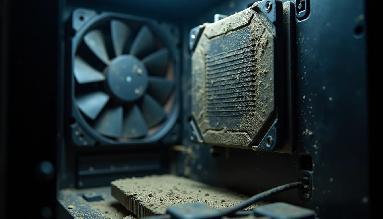 Intérieur d'une tour PC couverte de poussière, ventirad du processeur visible
