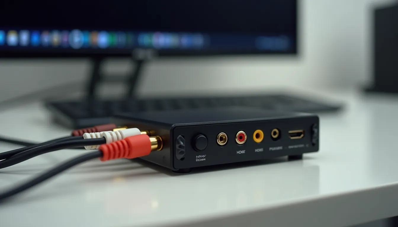 Petit boîtier vidéo noir avec ses connectiques à l'arrière