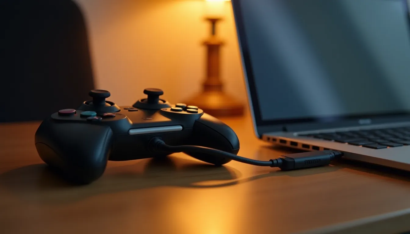 Manette noire reliée par un câble à un ordinateur portable