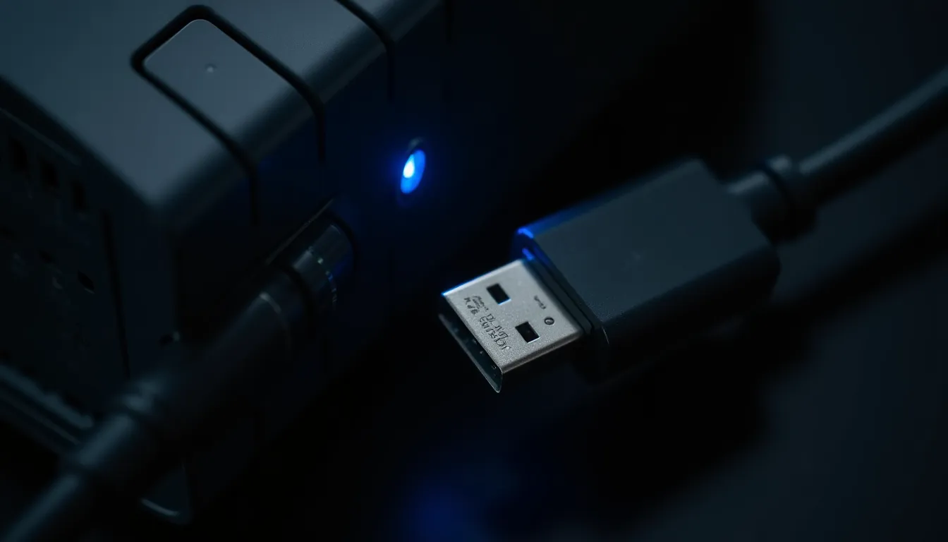 Petit dongle USB branché sur un port, diode bleue allumée
