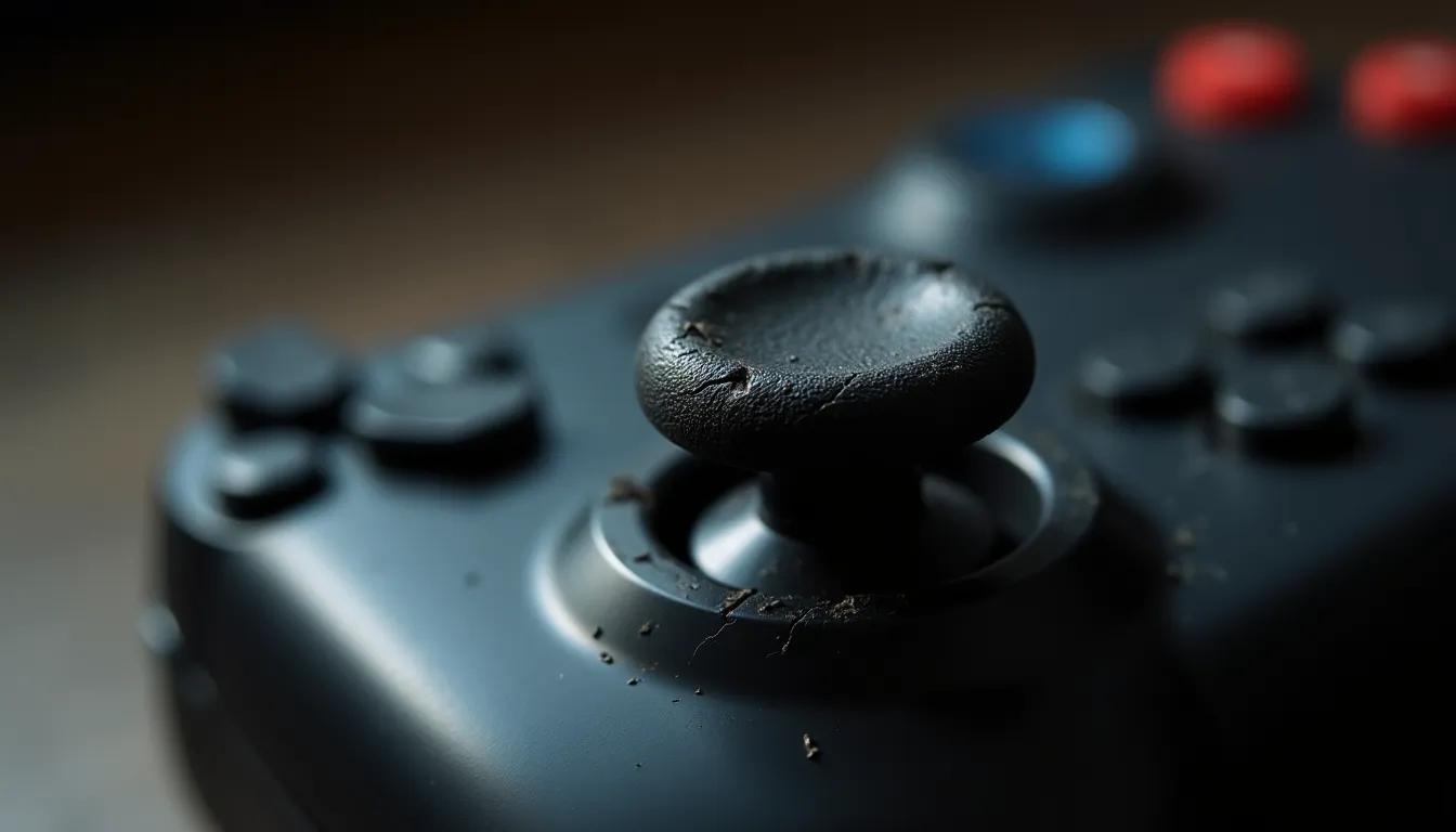 Gros plan sur un stick analogique usé de manette