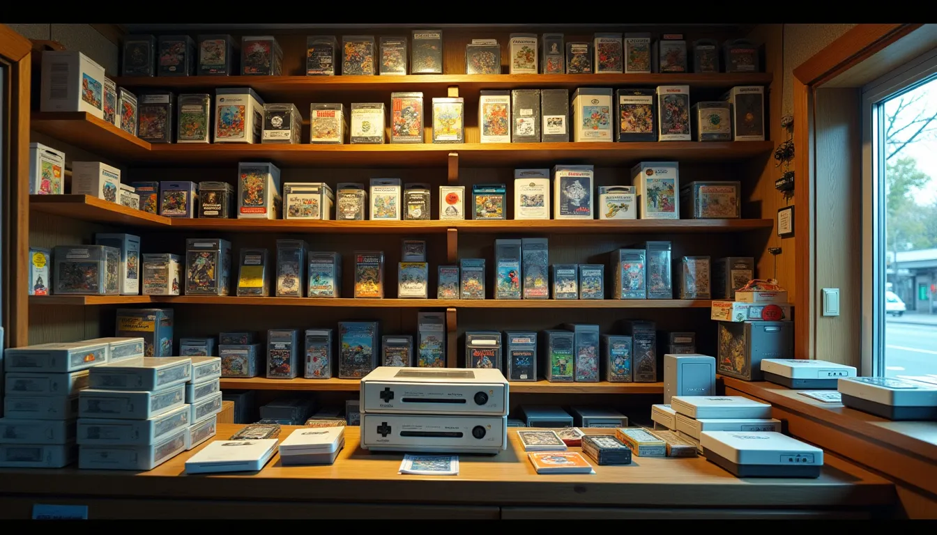 Rayonnages remplis de boîtes de jeux dans une boutique d'occasion