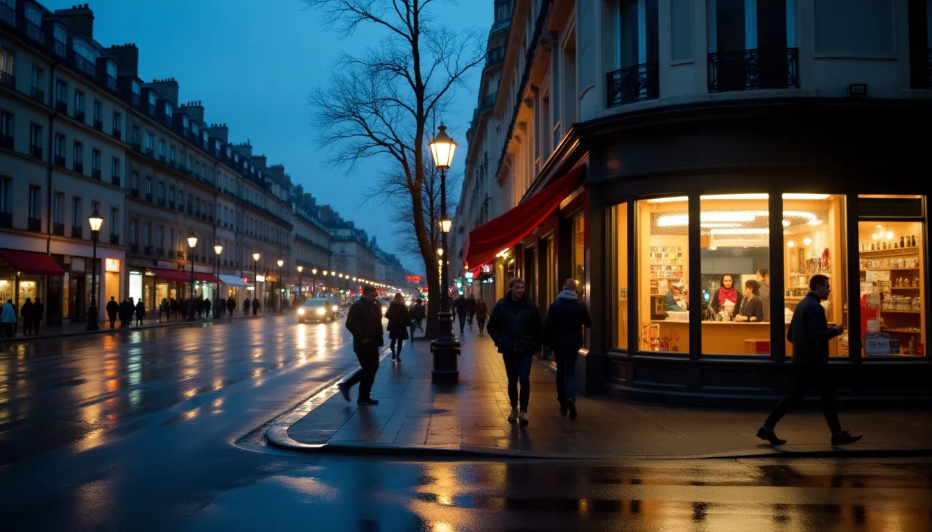 Rue parisienne mouillée à la tombée du soir