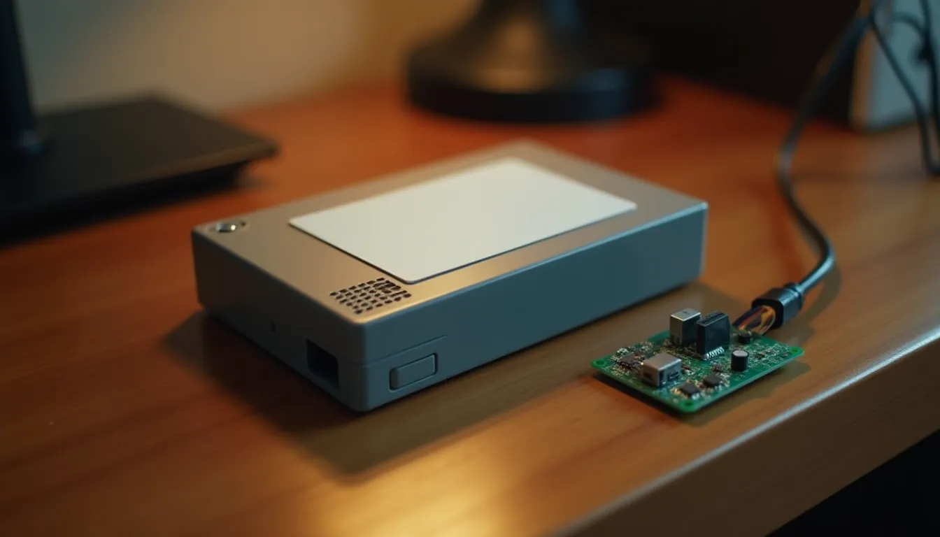 Console rétro grise reliée à une petite carte électronique